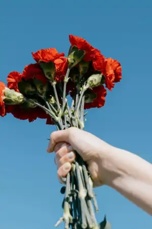 Uma mão a segurar um ramo de cravos vermelhos, com um fundo de céu azul.