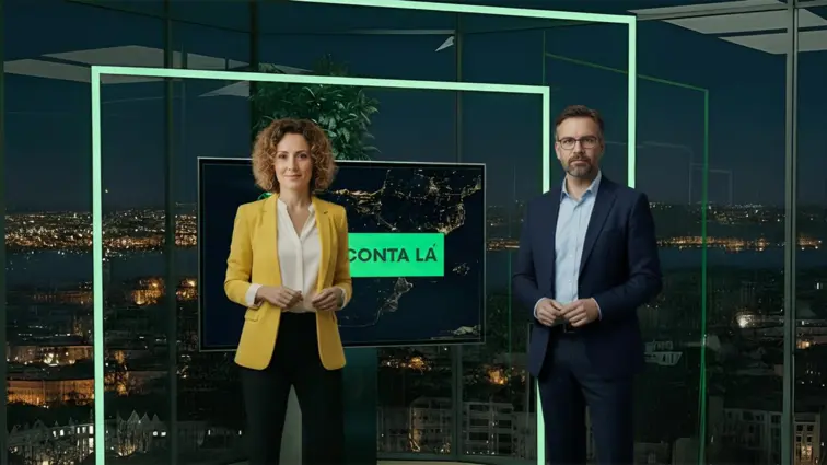 Imagem virtual dos dois comentadores virtuaisda noite eleitoral do Conta Lá (uma senhora e um senhor) gerados por IA